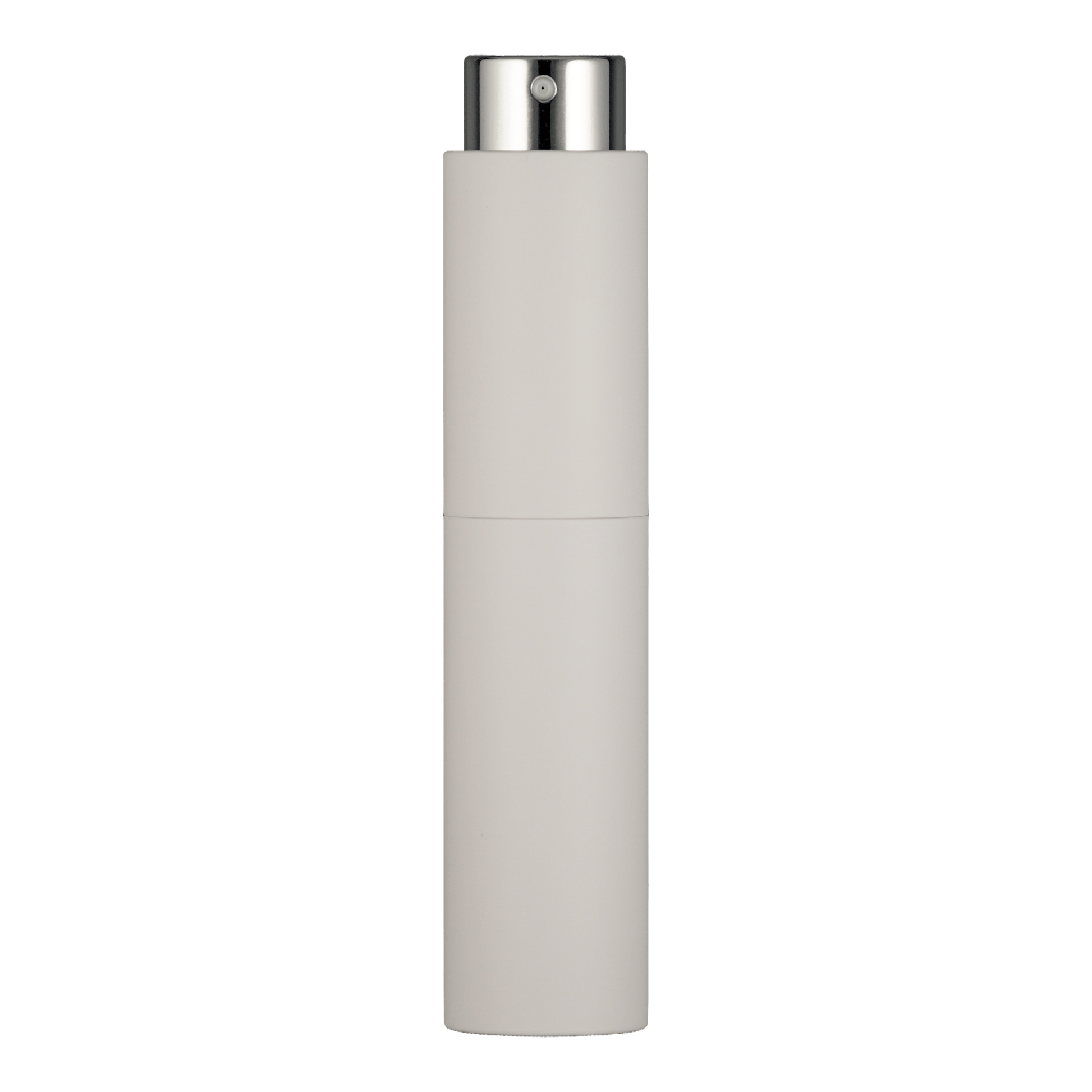 Bild eines 10ml Parfümzerstäubers in der Farbe Matt Weiß mit silbernem Sprühkopf geeignet zum Reisen, für die Handtasche oder für unterwegs.