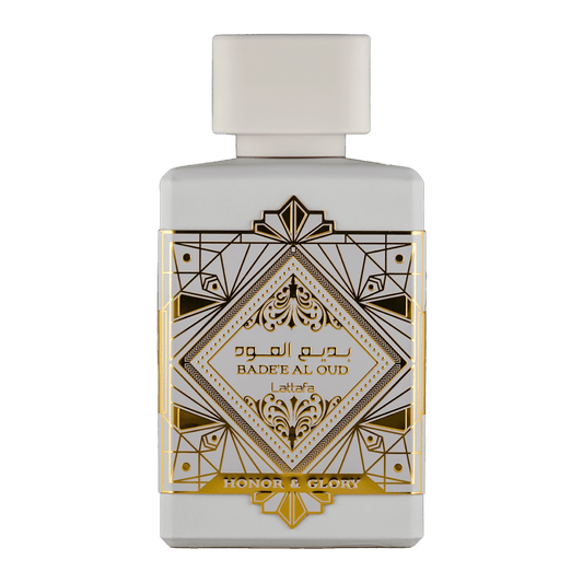 Bild von dem Flakon des Duftes Honor & Glory Badee Al Oud als Eau de Parfum von Lattafa angeboten zum kaufen als Parfümprobe.