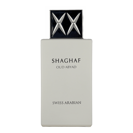 Bild von dem Flakon des Duftes Shaghaf Oud Abyad als Eau de Parfum von Swiss Arabian angeboten zum kaufen als Parfümprobe.